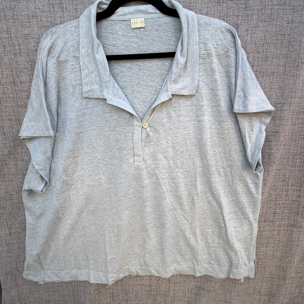 Poetry Light Blue 100% Linen Knit Polo Shirt US 16 Boxy Short Sleeve Top VY39